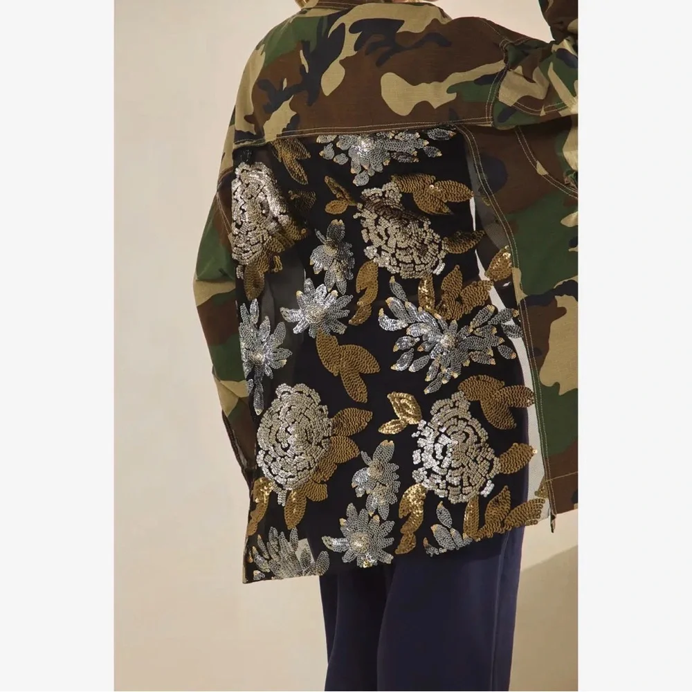 Camo denim cotton sequin Jean floral flower mineral bohemian wash coat jacket - Picture 3 of 7